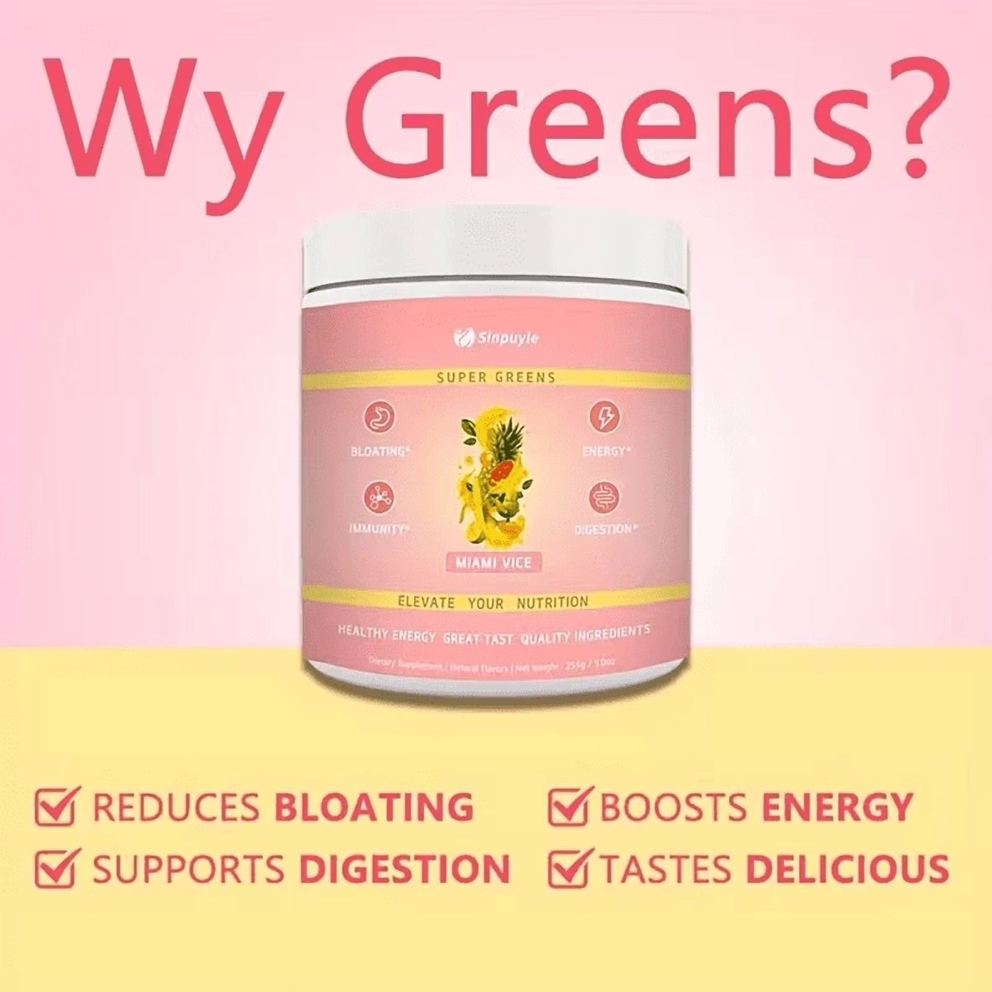 Super Greens Powder Miami Vice Flavor 255g Natural Daily Greens Supplement Supports Energy Digestion Immunity Bloating Relief
