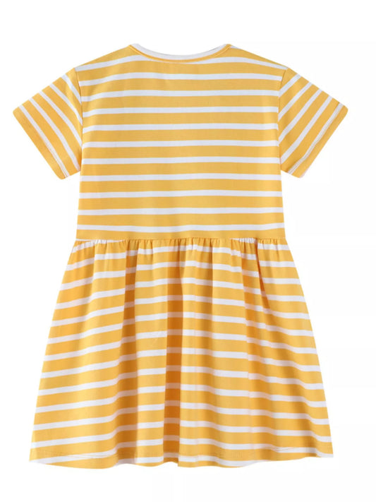 Children's Striped Bunny Embroidered Round Neck Dress