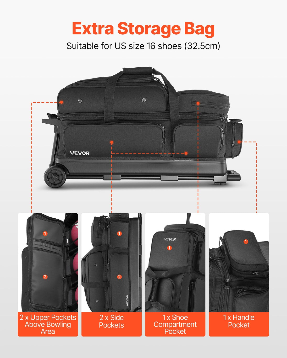 Bowling Ball Bag, 3 Ball Double Roller Bowling Bag With Wheels, Featuring A Separate Compartment For Shoes (Up To US Size 16) & Oversized Accessory Pocket, Retractable Handle Extends To 41.34 In