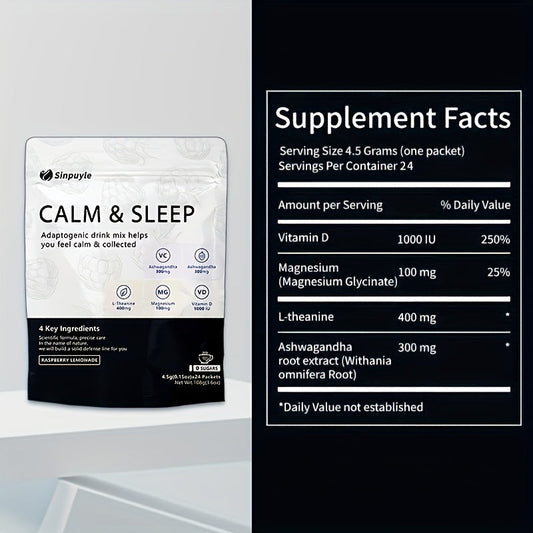 Calm & Sleep Adaptogenic Drink Mix - Raspberry Lemonade, 0 Sugars - L-Theanine, Ashwagandha & Magnesium For Relaxation & Rest, 24 Packets