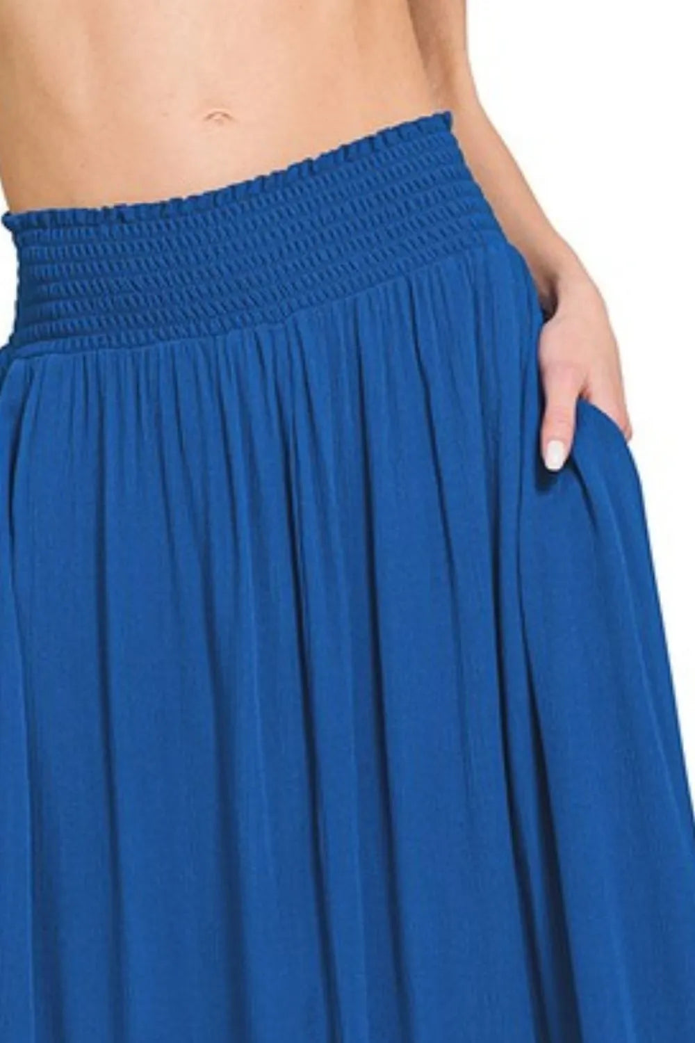 Zenana Woven Crinkle Smocked Waist Maxi Skirt W Pockets