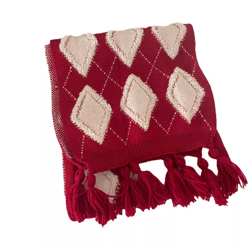 Diamond Pattern Knitted Tassel Scarf