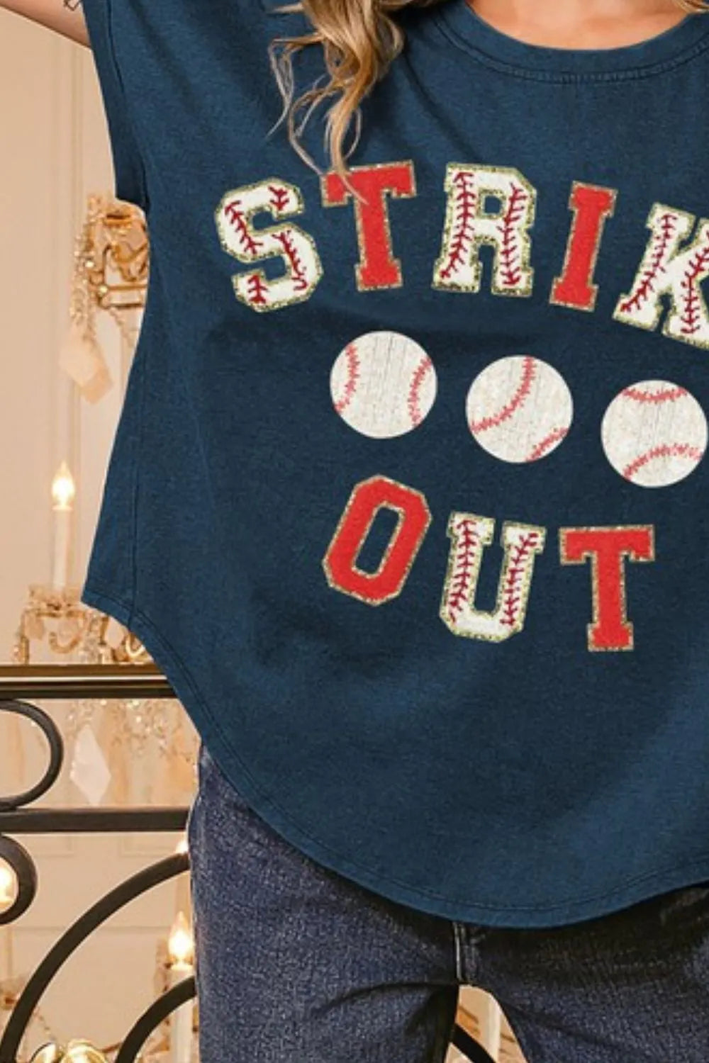 BiBi Strikeout Letter Patches Washed Short Sleeve Top
