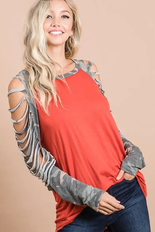 BiBi Jersey Knit Top with Camouflage Laser Cut Sleeves