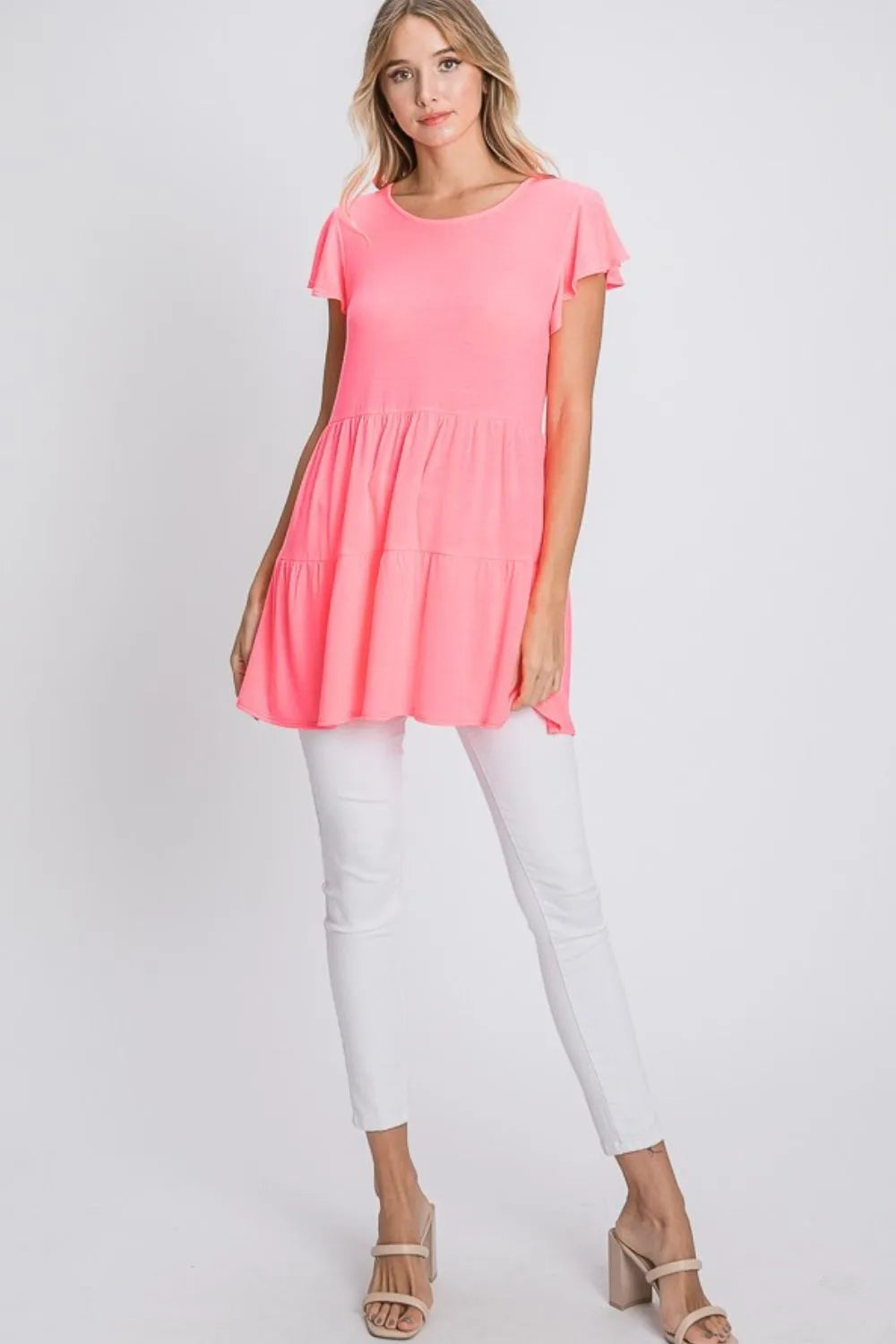 Heimish Full Size Tiered Round Neck Ruffle Sleeve Top Plus Size