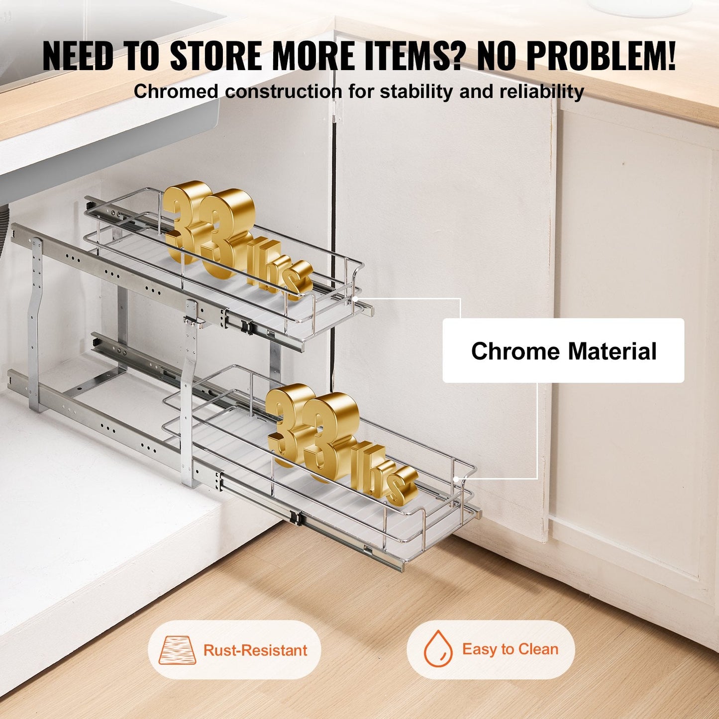 2-Tier 8.5"Wx21"Dx15"H Wire Pull Out Cabinet Under Sink Organizer Drawer Basket, 10"Wx22"Dx18"H Install Size For Cabinet