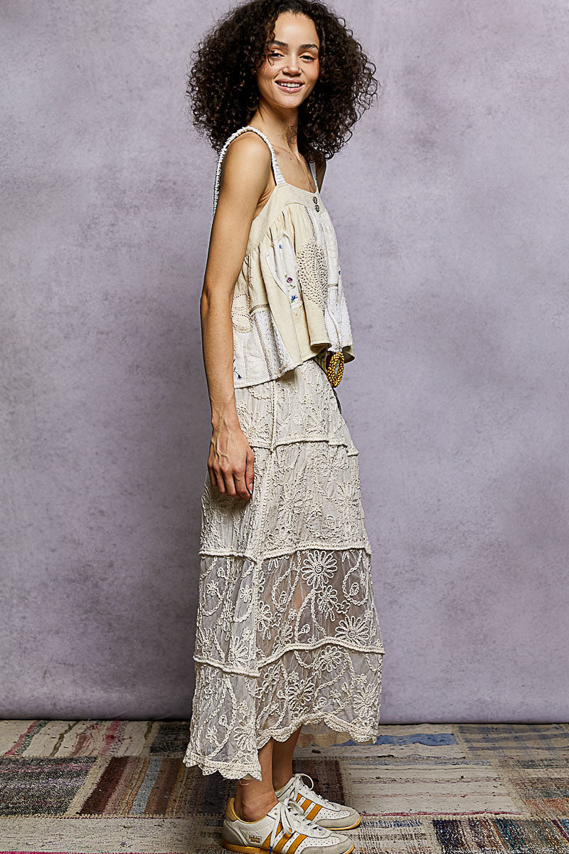 POL Floral Embroidered Tiered Crochet Skirt