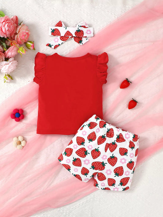 Children's Strawberry Print Ruffle Sleeve Top and Shorts Set