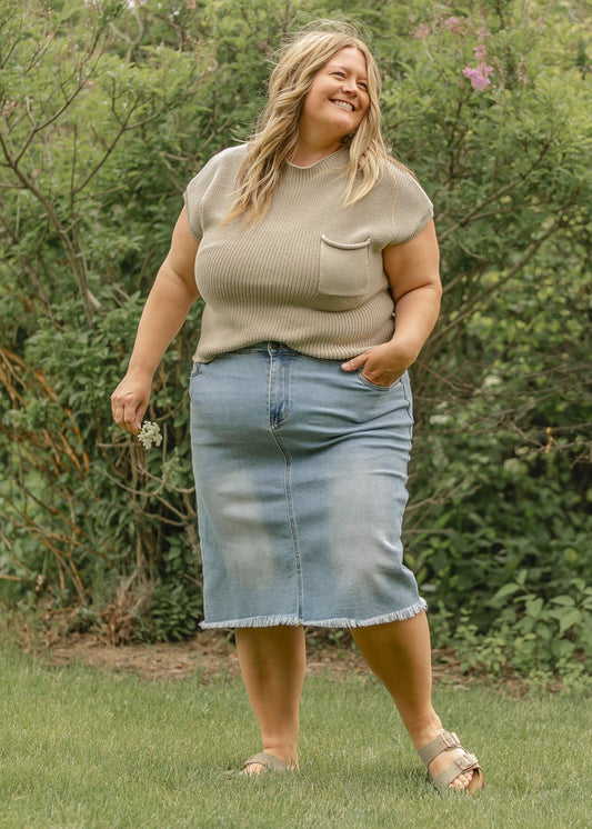 Drew Raw Hem Midi Denim Skirt