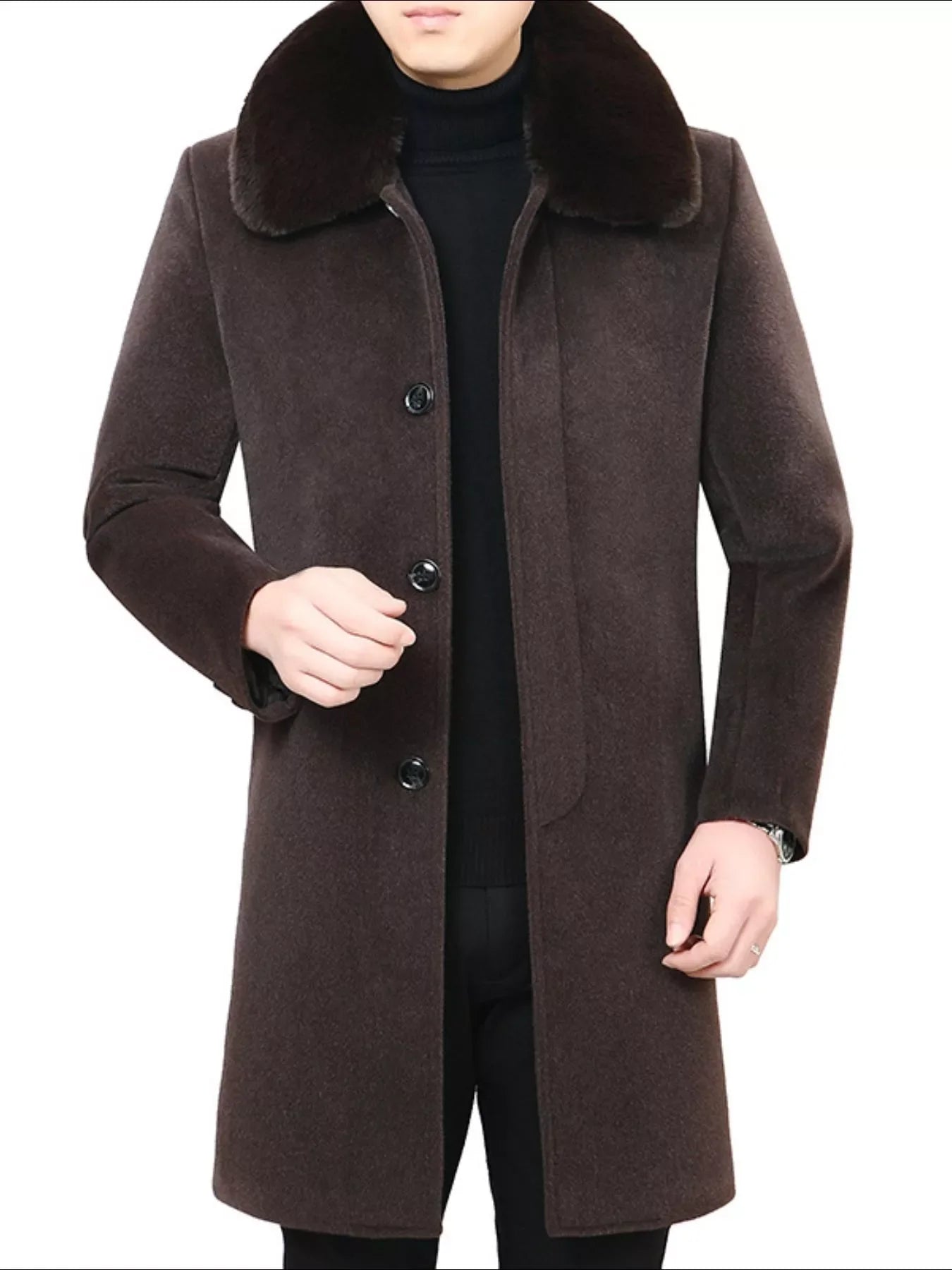Men's Fur Collar Button Up Overcoat