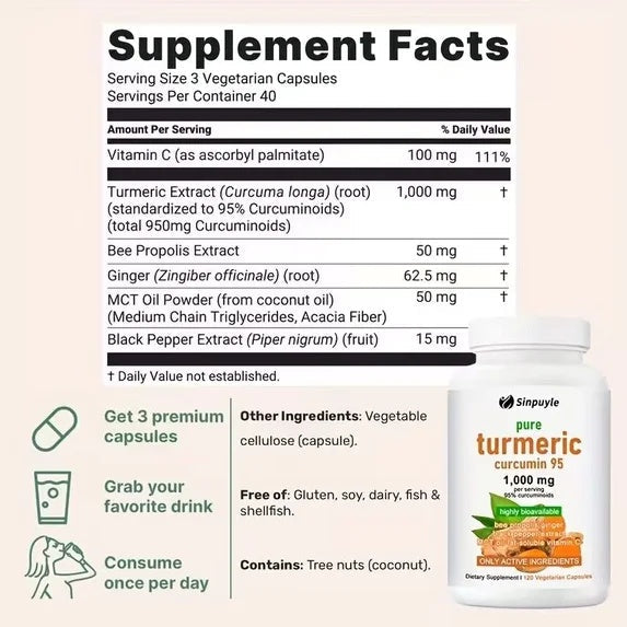Pure Turmeric Curcumin 1000mg 120 Capsules With Ginger Black Pepper And Vitamin C For Joint Health