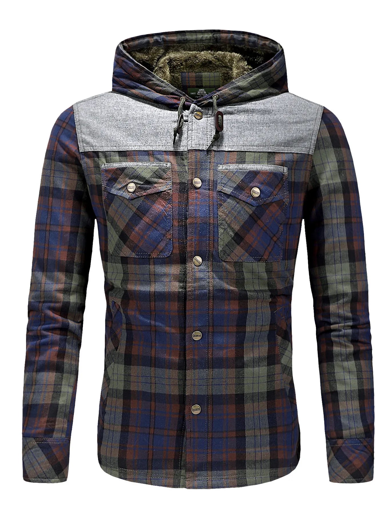 Men's Plus Size Drawstring Plaid Fleece Lined Hooded Outerwear