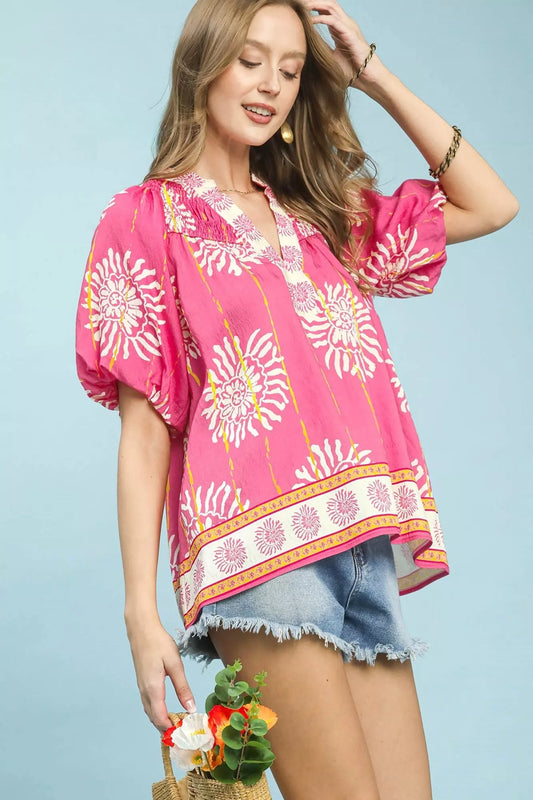 Umgee Floral Border Smocked V-Neck Boho Blouse