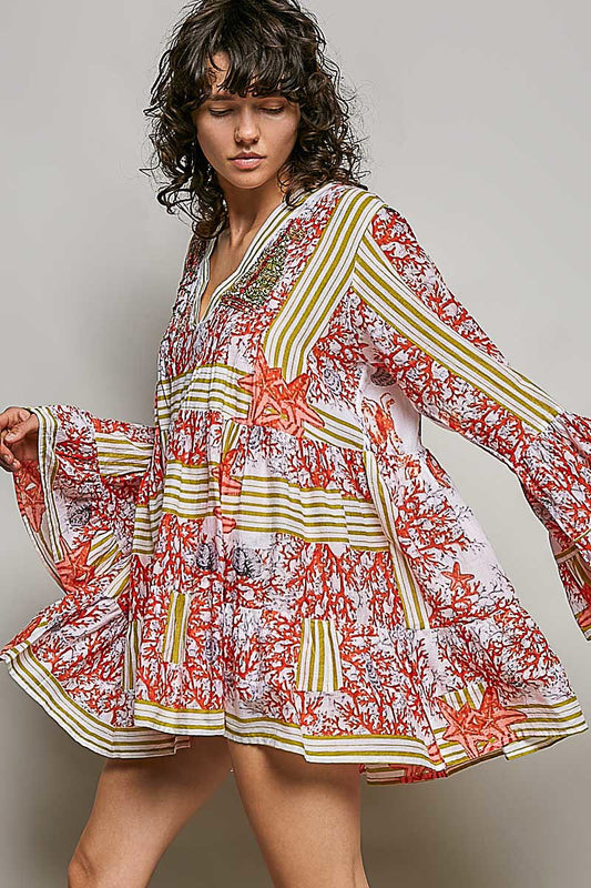 POL Striped Floral Long Sleeve Mini Dress with Pintuck Detail
