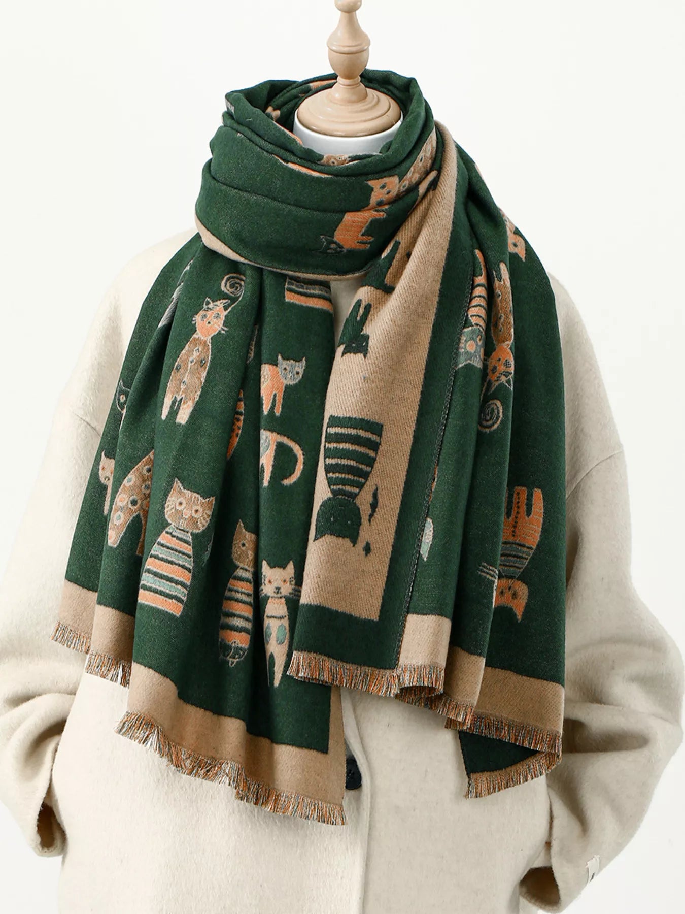 Cute Cat Pattern Raw Hem Scarf