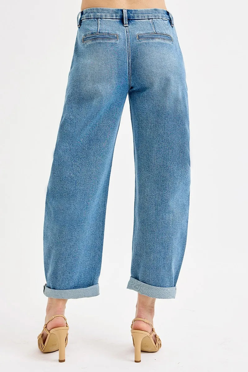 RISEN Full Size Mid Rise Fit Barrel Roll Up Jeans Plus Size