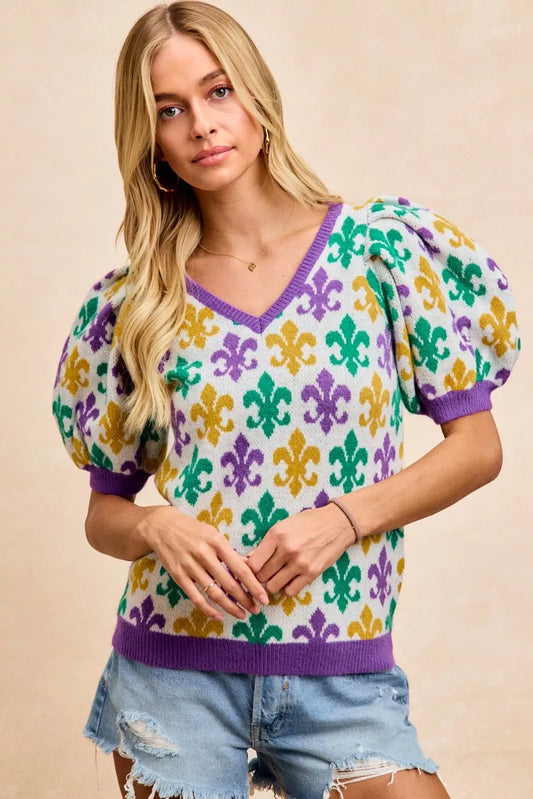 BiBi Mardi Gras Fleur De Lis Patterned V Neck Knit Top