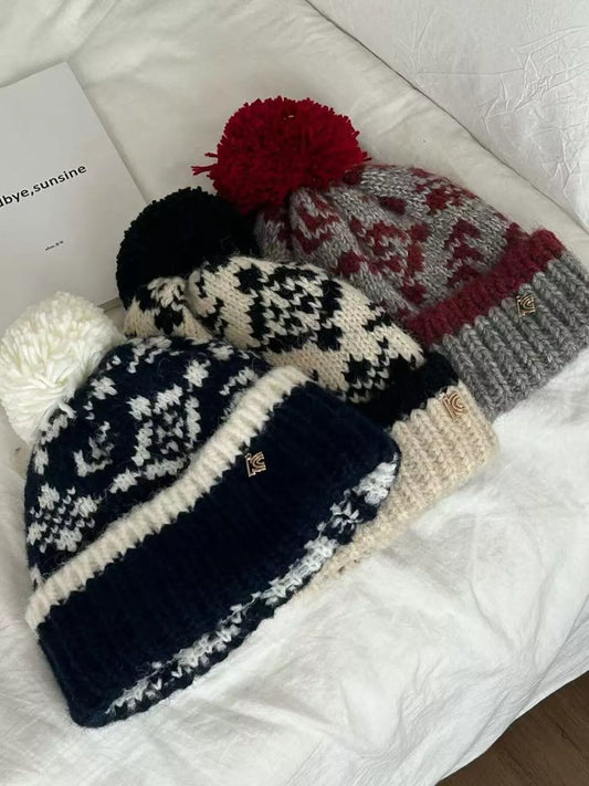 Snowflake Knitted Beanie Hat with Pom Pom
