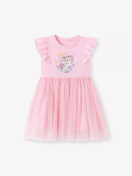 Children's Unicorn Graphic Ruffle Sleeve Tulle Dress
