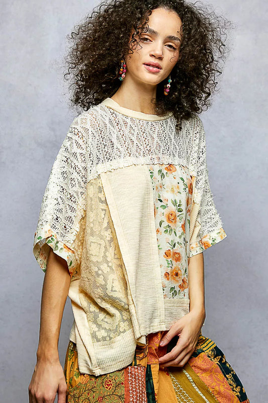 POL Floral Patchwork Lace Accent Blouse