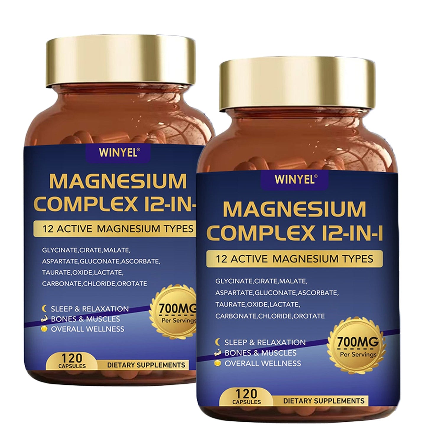 WINYEL Magnesium Complex 700mg 12 In 1 Magnesium Supplement With Glycinate, Citrate, Malate Sleep, Calm, Muscle Relaxation, Heart Health Support Vegan 120 Capsules