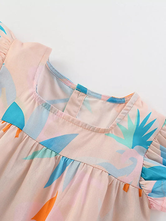 Children's Tropical Print Ruffle Sleeve Summer Dress