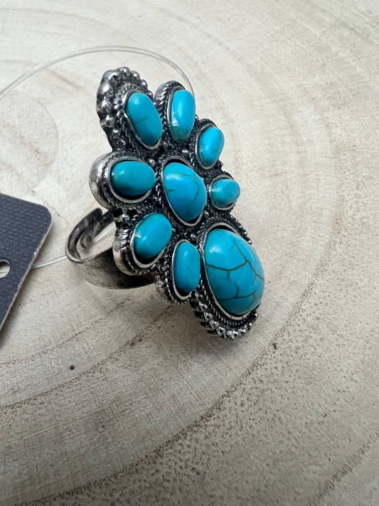 Faux Turquoise Cluster Statement Size Cuff Ring - Adjustable Sizing