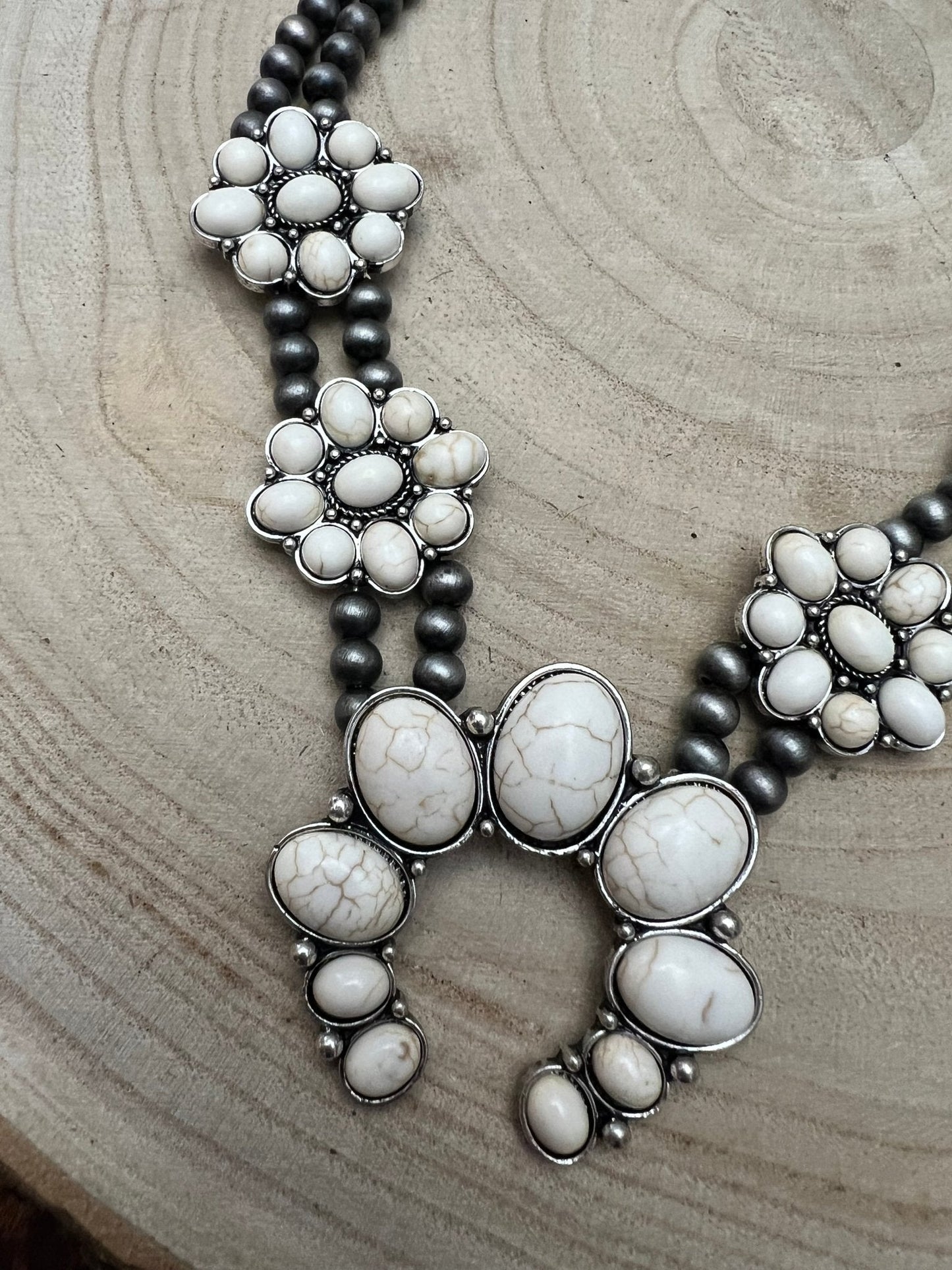 Faux White Buffalo Double Strand Squash Blossom Necklace - 18 inch