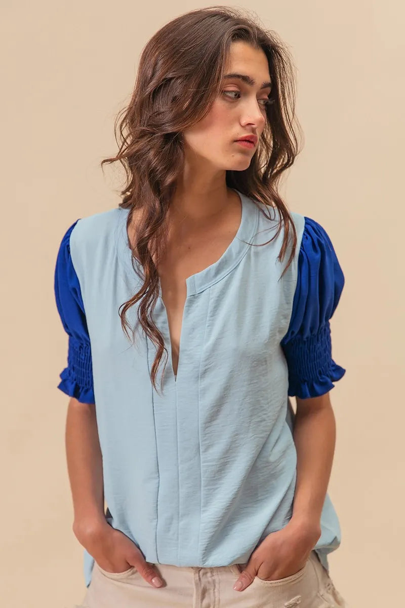 BiBi Air Flow Color Block Puff Sleeves V Neck Top