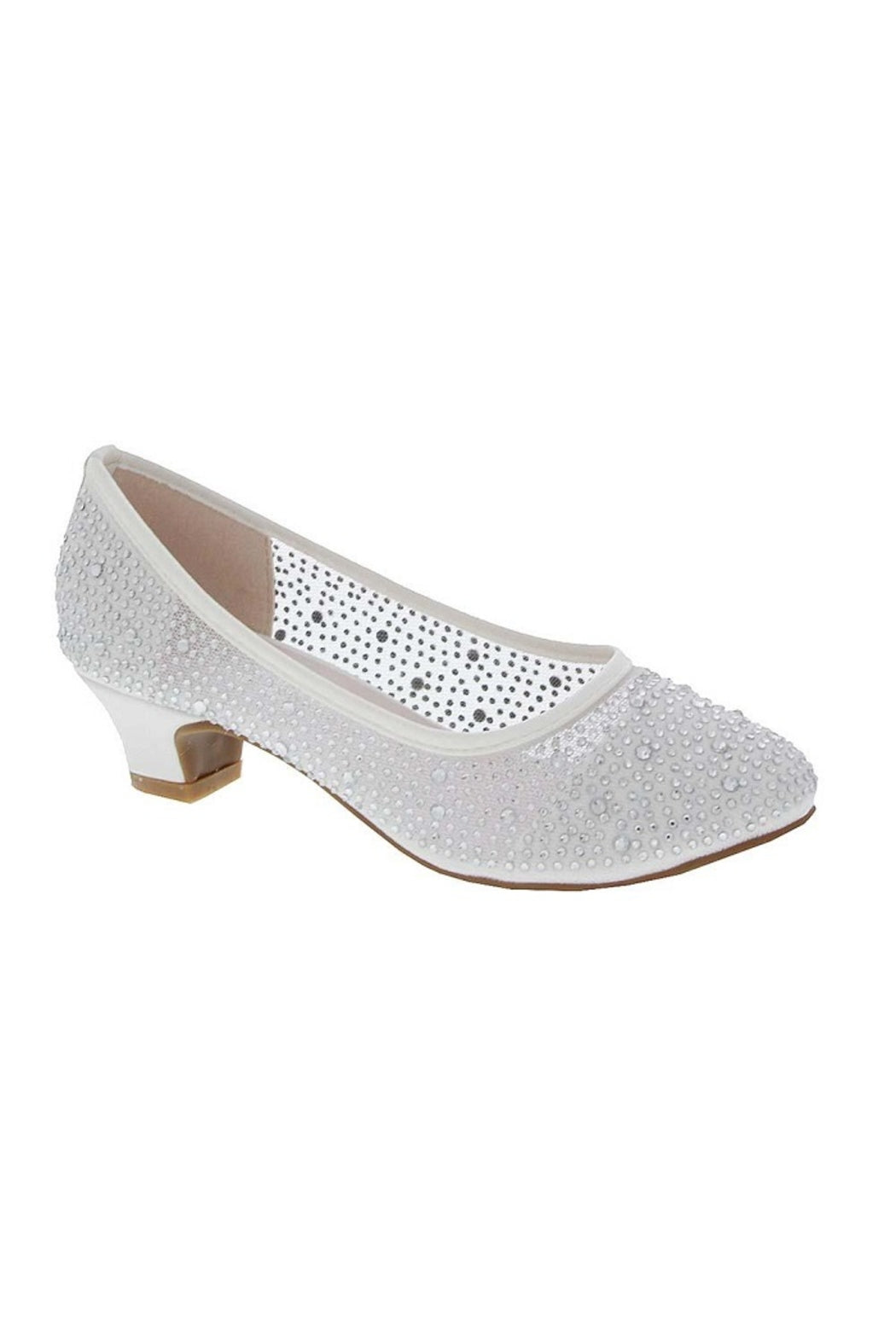 Girls White Rhinestone Low Heels