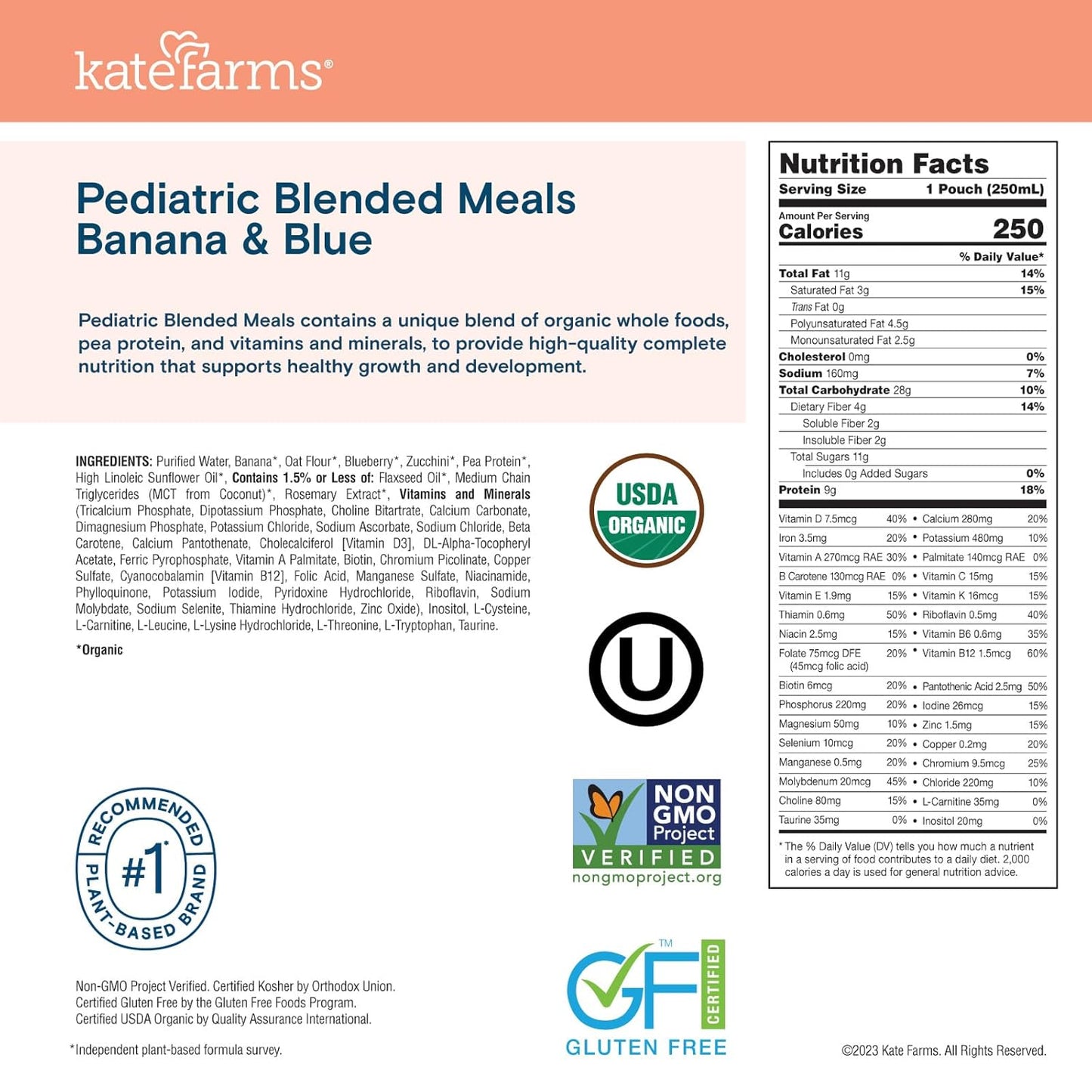 Kate Farms Pediatric Blended Meals, Banana & Blueberry, CS/12