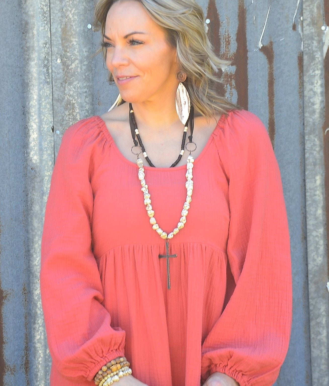 White Chunky Turquoise Necklace w/ Large Copper Cross 254g