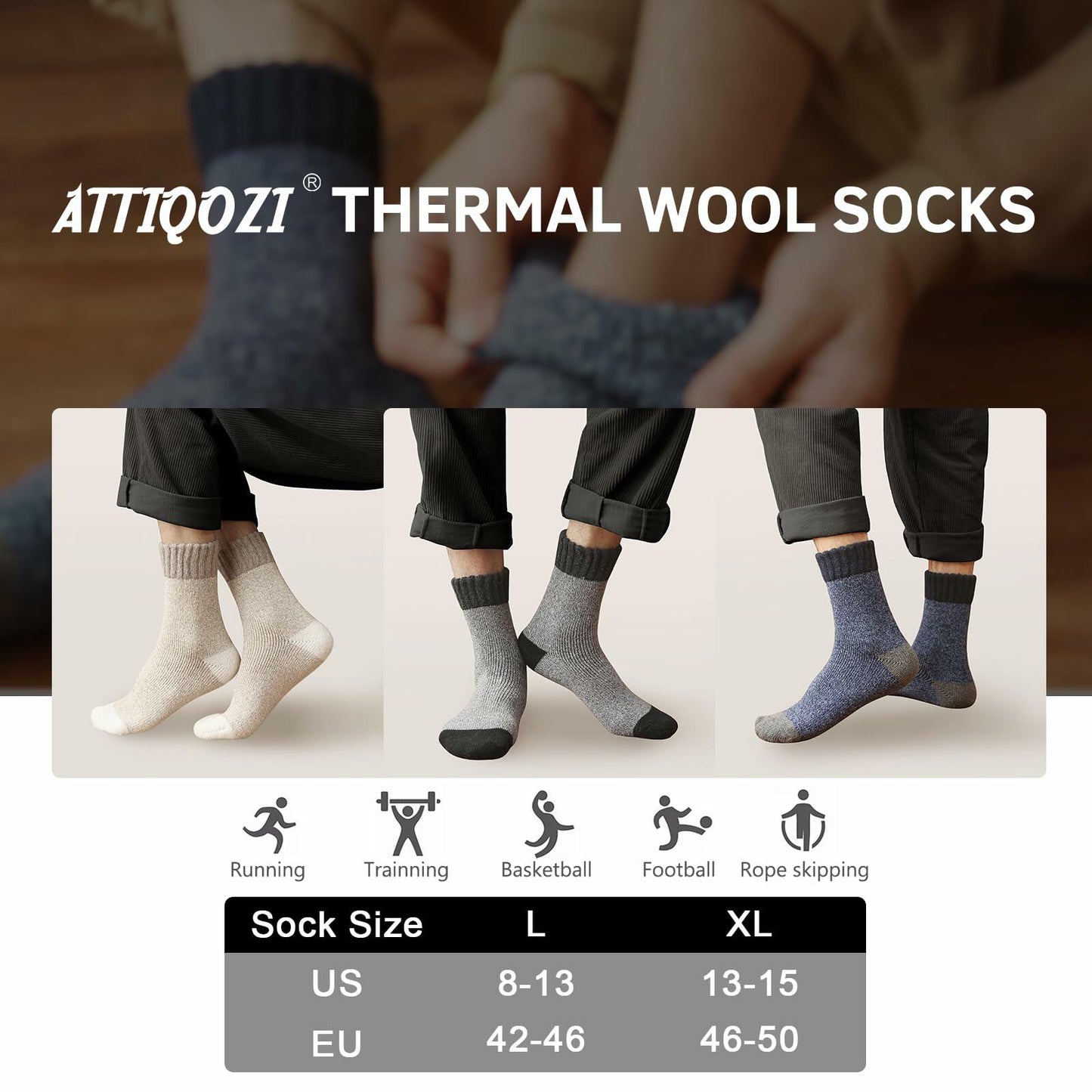 ATTIQOZI Men's Merino Wool Thermal Crew Socks Gray Khaki Blue 6 Pairs Size 8-13