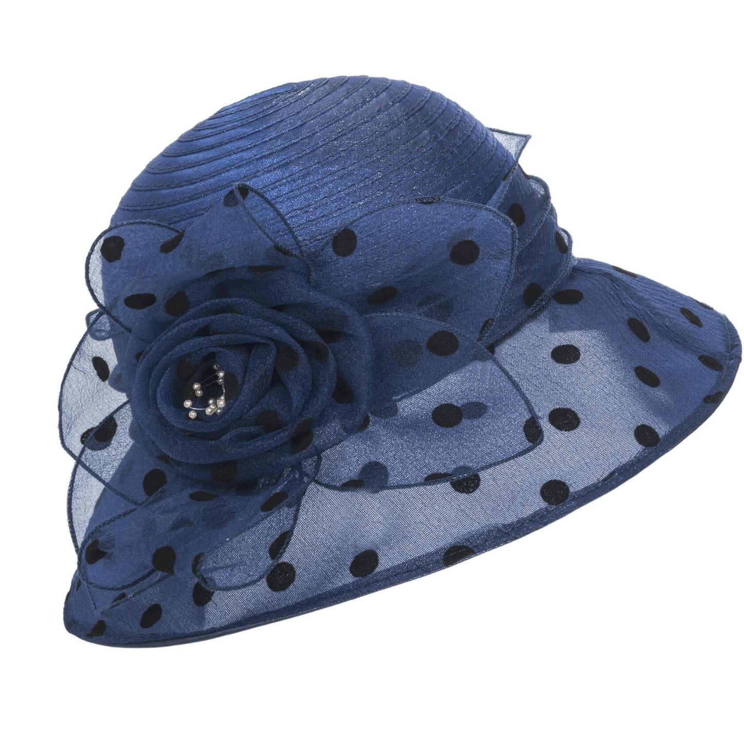 French Kentucky Women's Polka-Dot Organza-Brim Derby Hat Navy