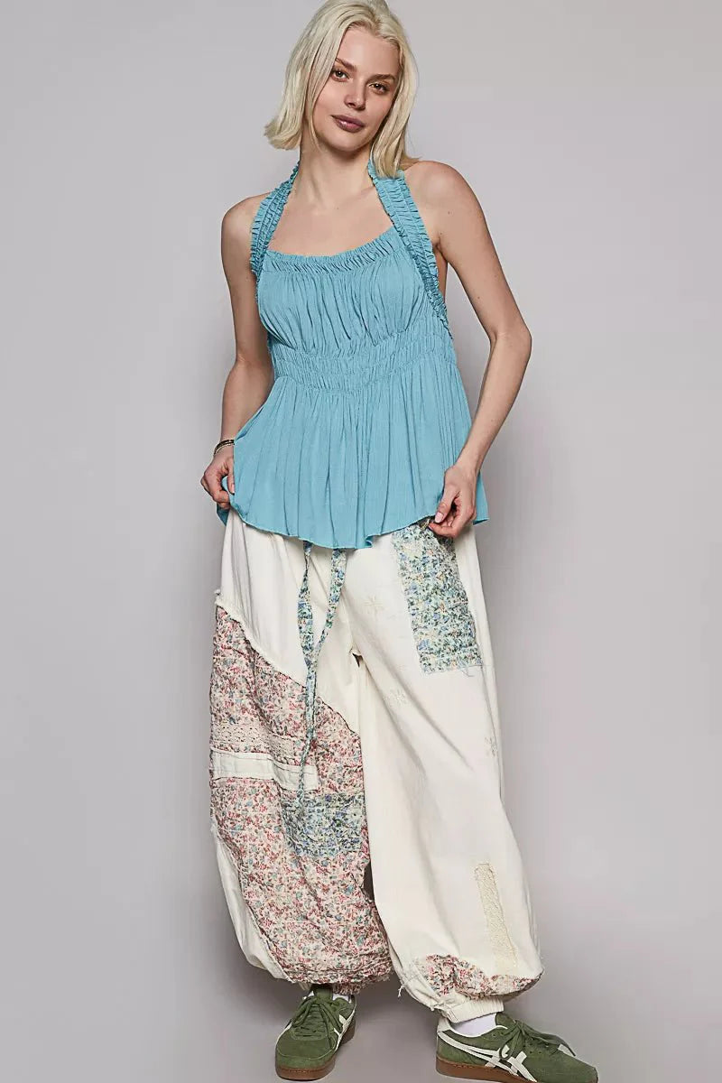 Backless Halter Sleeveless Top with Smocking Shirring Detail