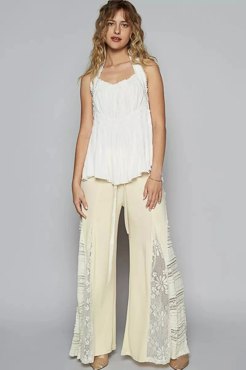 Backless Halter Sleeveless Top with Smocking Shirring Detail