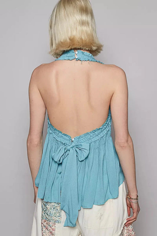 Backless Halter Sleeveless Top with Smocking Shirring Detail