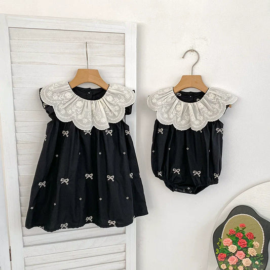 Summer Baby Girls French-style Flowers Pattern Collar Sleeveless Butterfly-bows Embroidered Onesies and Dress – Princess Sister Matching Set