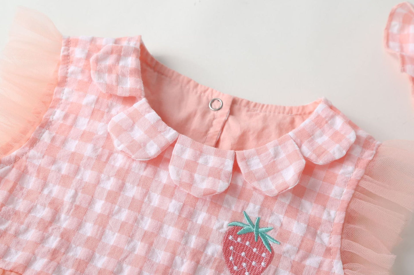 Baby Girl Plaid Graphic Strawberry Embroidery Mesh Overlay Floral Neck Dress