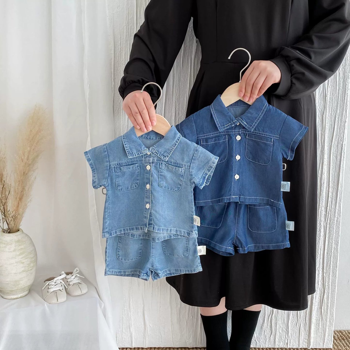 Summer Hot Selling Baby Kids Boys Short Sleeves Denim Single Breasted Top and Shorts Clothing Set