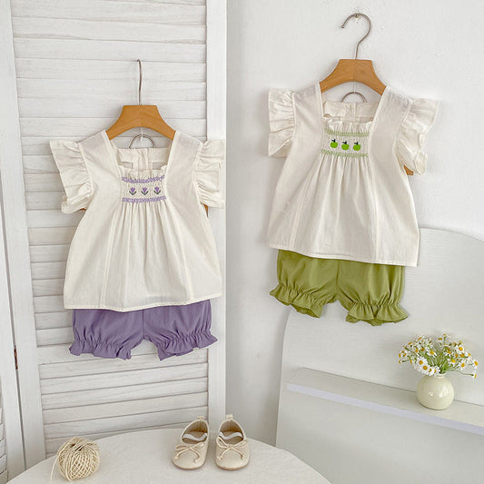 Summer Baby Kids Flowers Pattern Fly Sleeves Top and Plain Shorts Clothing Set for Girls
