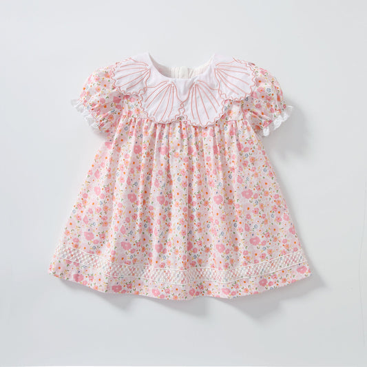 Baby Girl Short-Sleeved Floral Print Shell Shape Collar Pattern A Version Dress