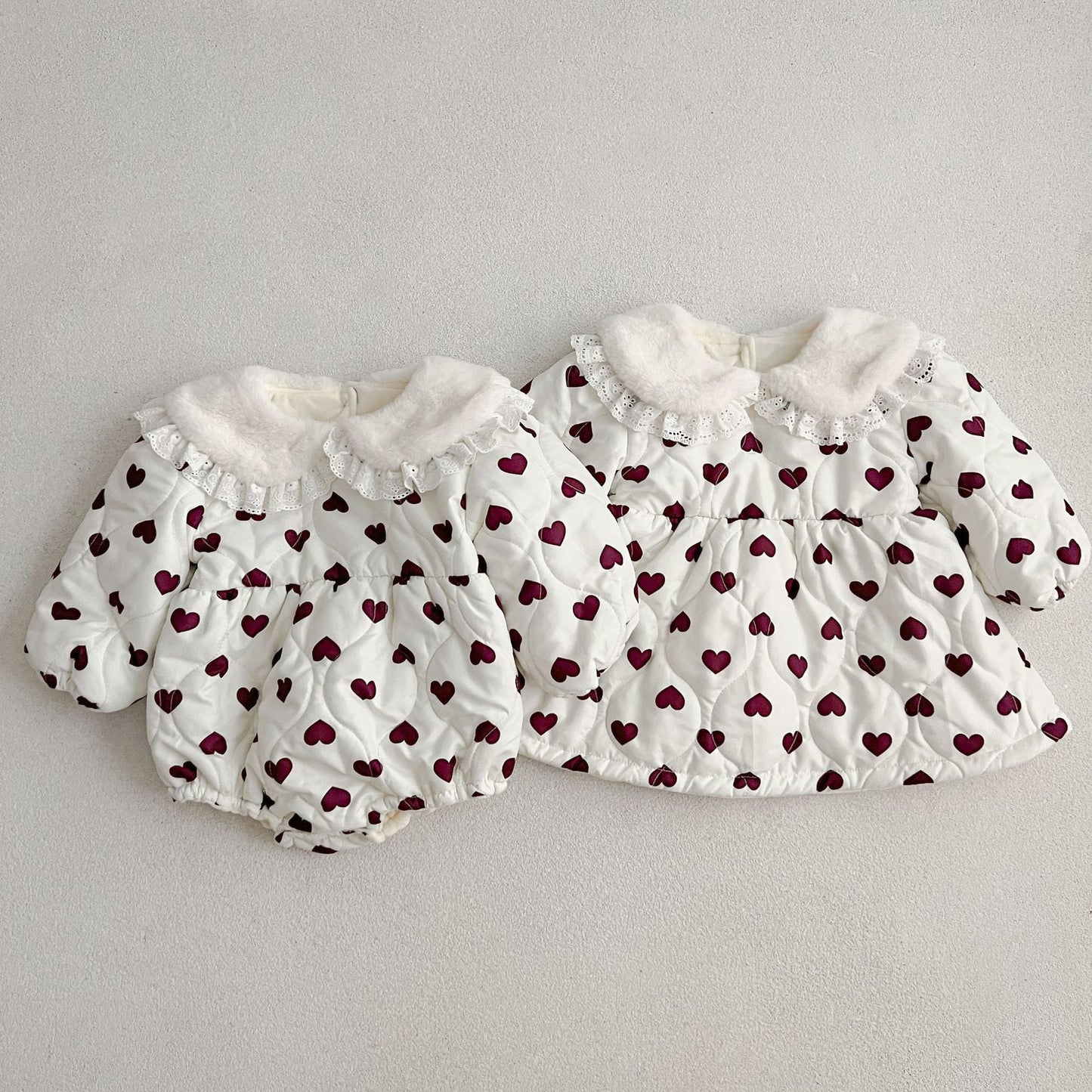 Red Heart Pattern Peter Pan Lace Collar Long Sleeve Fashion Princess Onesies&Dress