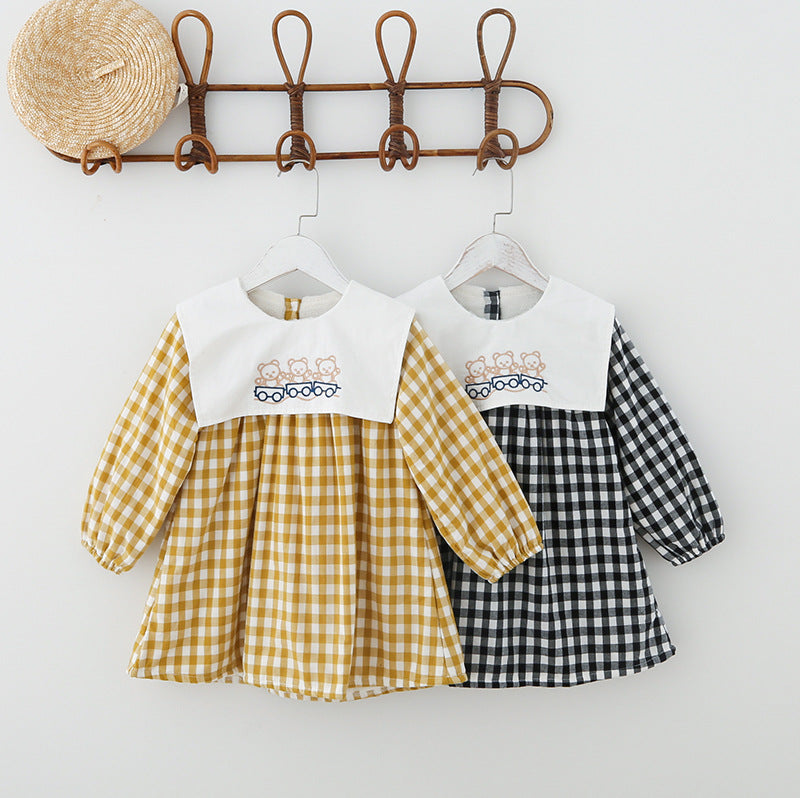 Check Plaid Doll Collar Design Bear Cartoon Embroidery Thick Preppy Dress