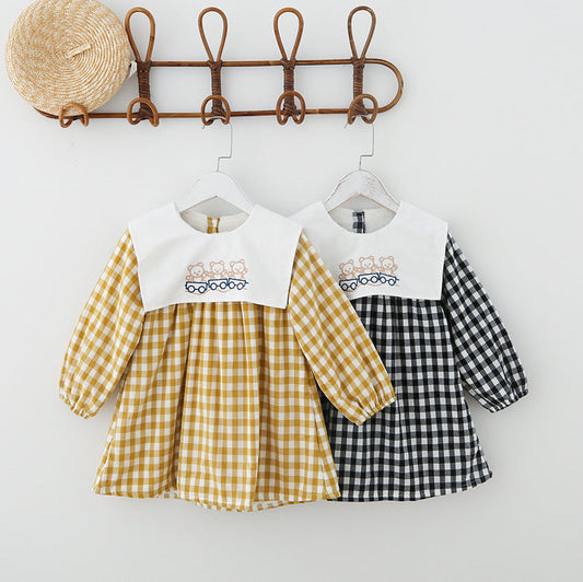 Check Plaid Doll Collar Design Bear Cartoon Embroidery Thick Preppy Dress