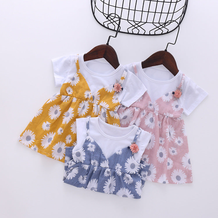 Baby Girl Little Daisy Print Pattern False Patchwork Design Round Collar Short-Sleeved Dress