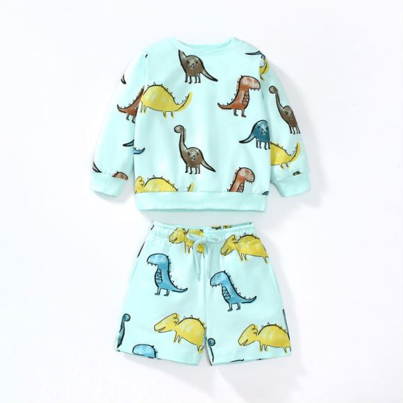 Baby Boy All Over Dinosaur Pattern Hoodie And Shorts Sets