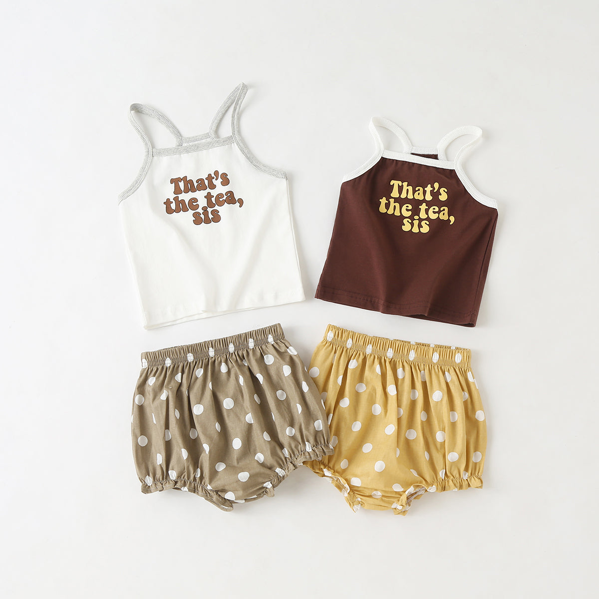Baby Girl Slogan Pattern Sling Tops Combo Polka Dot Graphic Triangle Shorts One Pieces Sets
