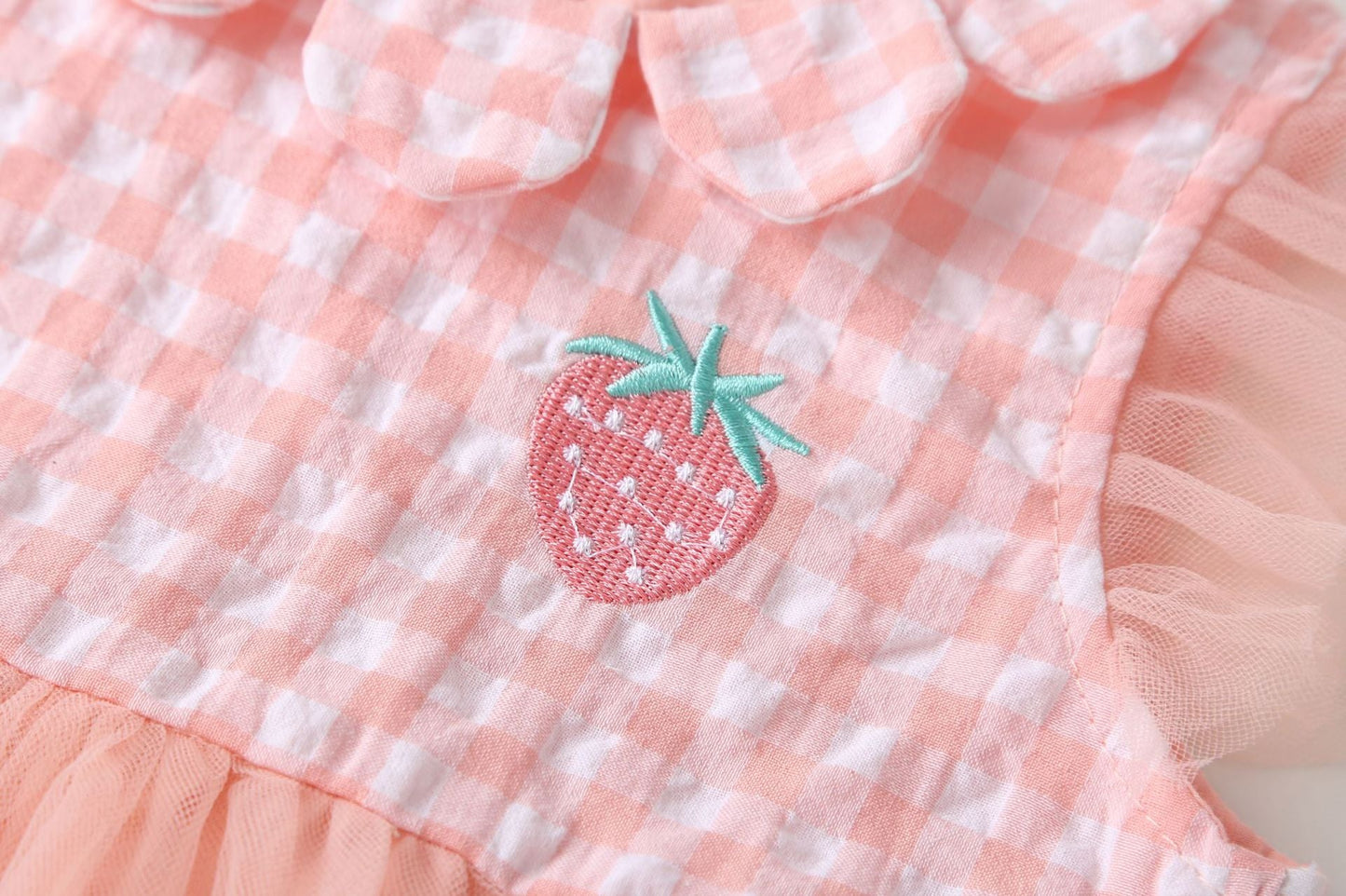 Baby Girl Plaid Graphic Strawberry Embroidery Mesh Overlay Floral Neck Dress