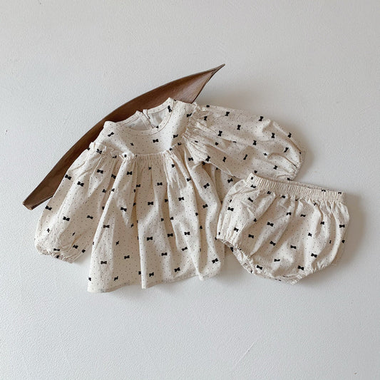 Baby Girl Bow & Polka Dot Graphic A-Line Long Sleeves Shirt Combo Triangle Shorts Sets